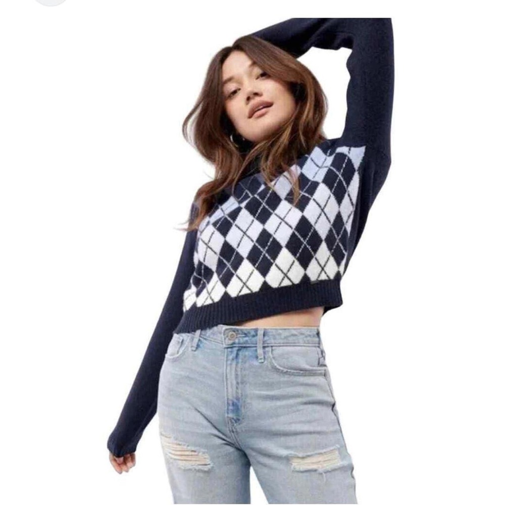 HOLLISTER Navy Blue Diamond Checkered Turtleneck Sweater S